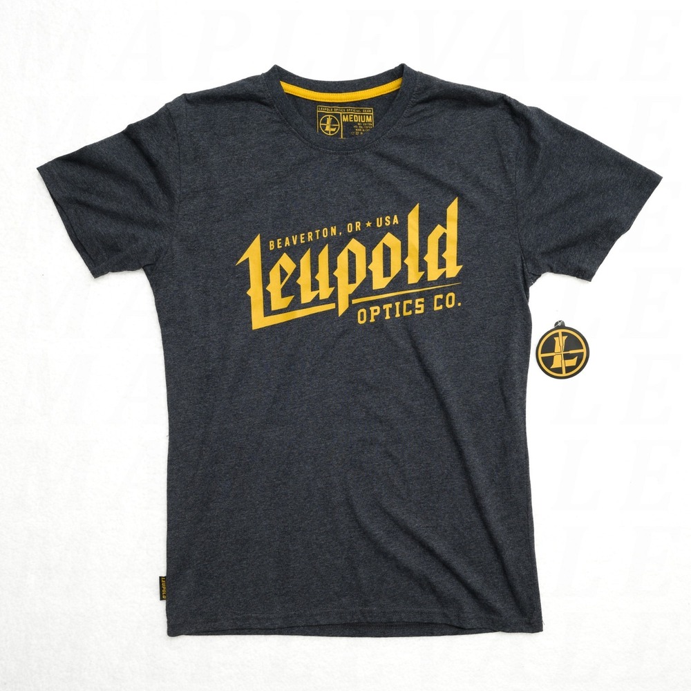 Leupold Optics Bolt Tee Charcoal Heather Dark Grey T-Shirt Gold Print Men's Sz M
